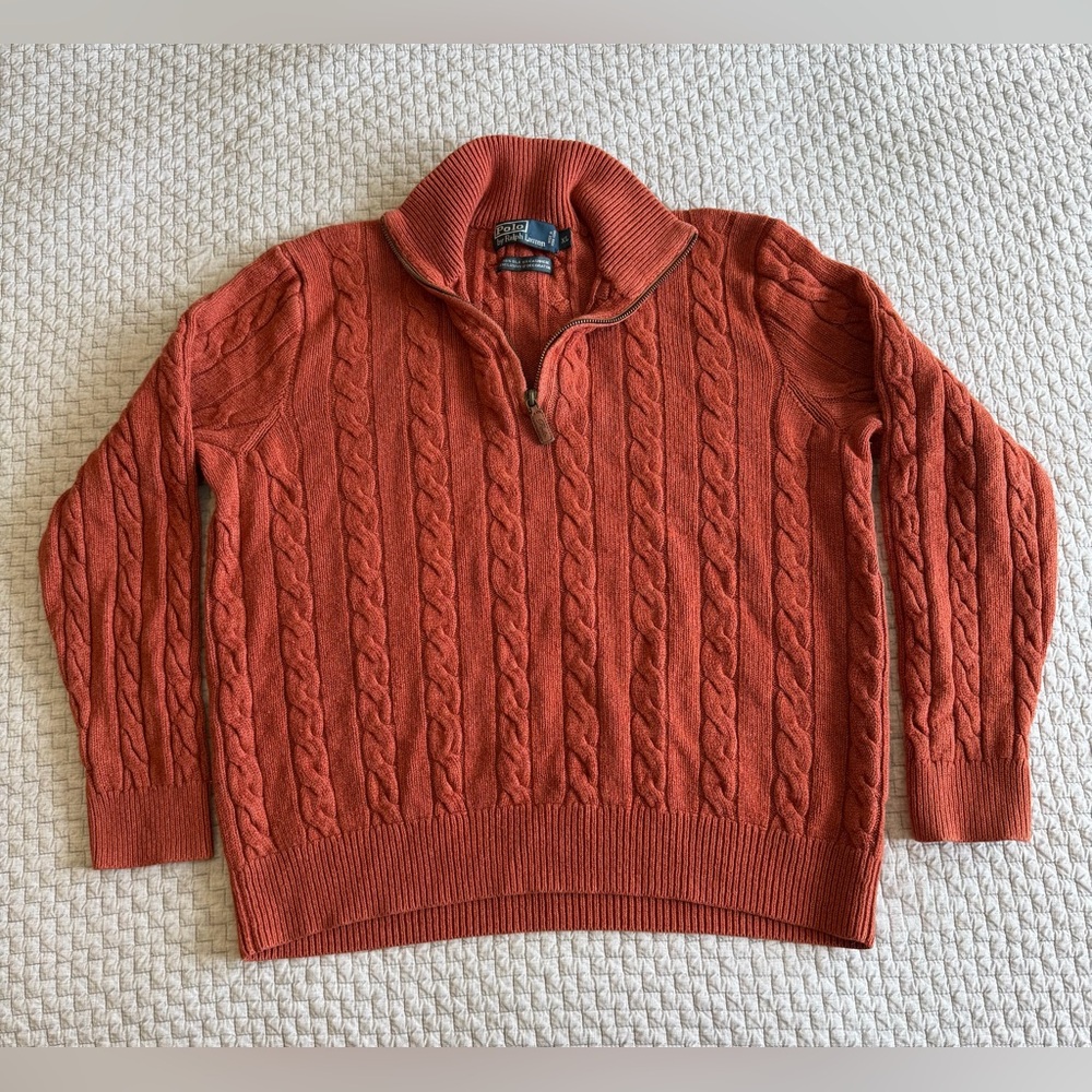 Ralph Lauren Women Cable Knit 1/4 Silk Cashmere Zip Sweater - Burnt Orange XL